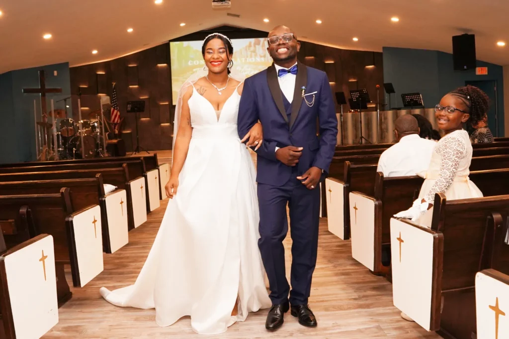 Christian church wedding photography capturing Black couple during romantic wedding ceremony and elegant couple portraits in Colorado