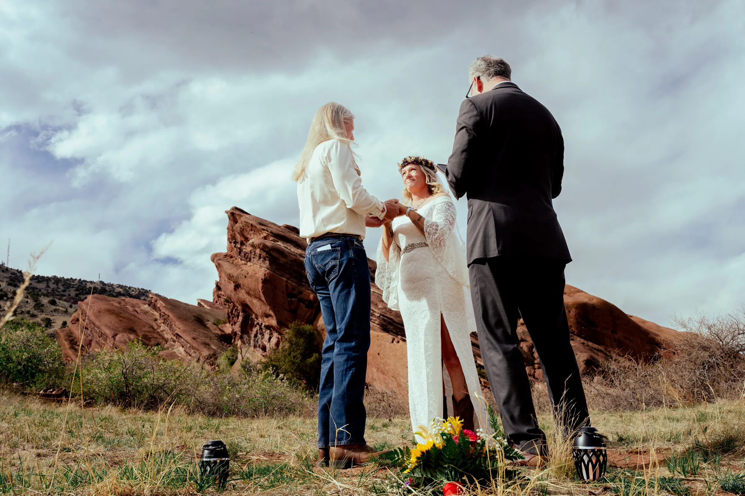 Home 49 Adventure couple elopement photography at Red Rocks Colorado capturing motorcycle riders and romantic outdoor wedding portraits
