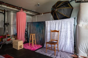 Studio Rental 44 Visual Story Production rental photo studio in Aurora Colorado featuring content creation space boudoir studio fitness photography area professional lighting and photography equipment
