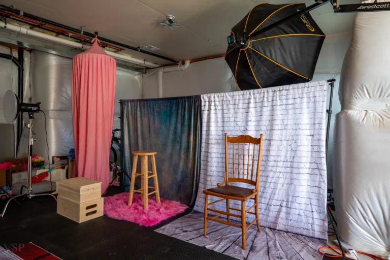 Studio Rental 74 Visual Story Production rental photo studio in Aurora Colorado featuring content creation space boudoir studio fitness photography area professional lighting and photography equipment